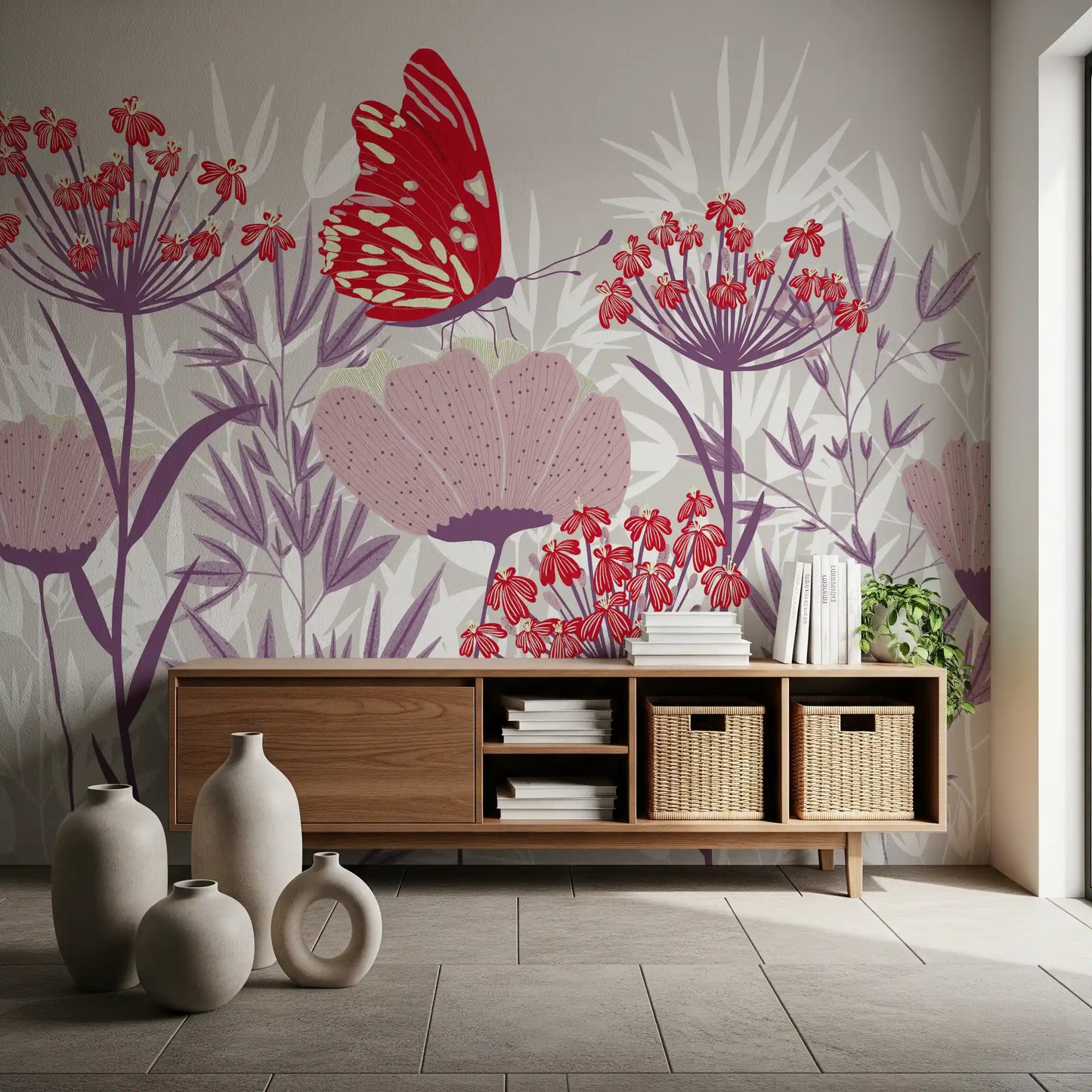 Crimson Butterfly and Mauve Garden Wallpaper Wall Mural