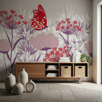 Crimson Butterfly and Mauve Garden Wallpaper Wall Mural