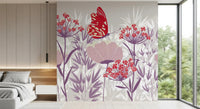 Crimson Butterfly and Mauve Garden Wallpaper Wall Mural
