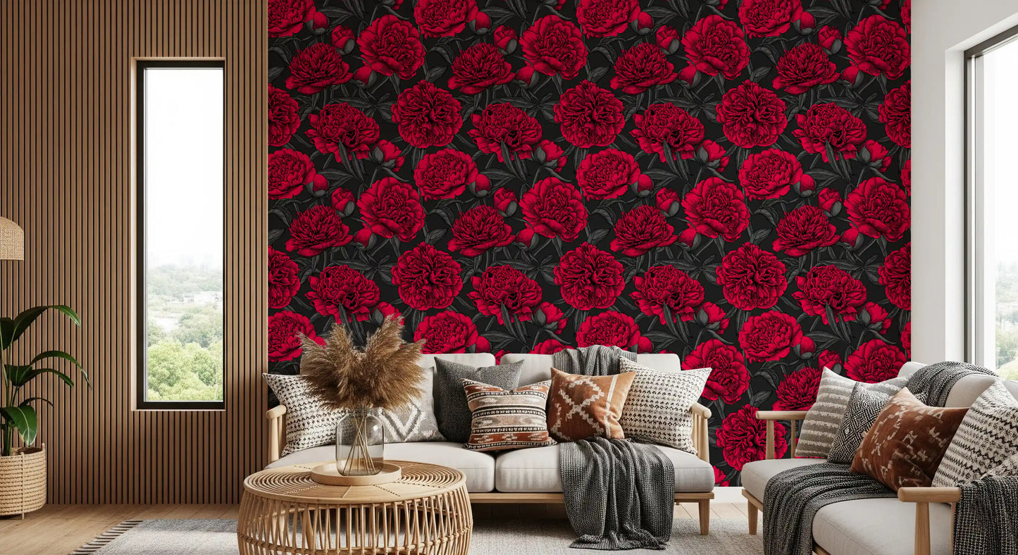 Seen from the Living room, the Crimson wallpaper holds a calm but bold.