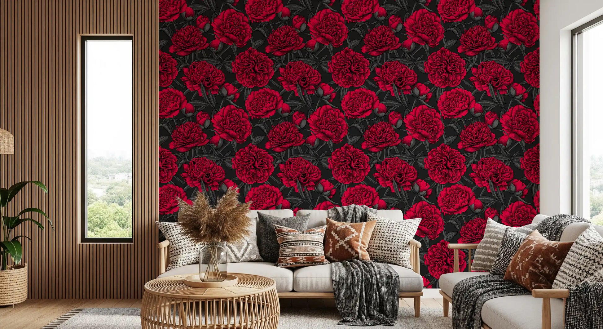 Seen from the Living room, the Crimson wallpaper holds a calm but bold.