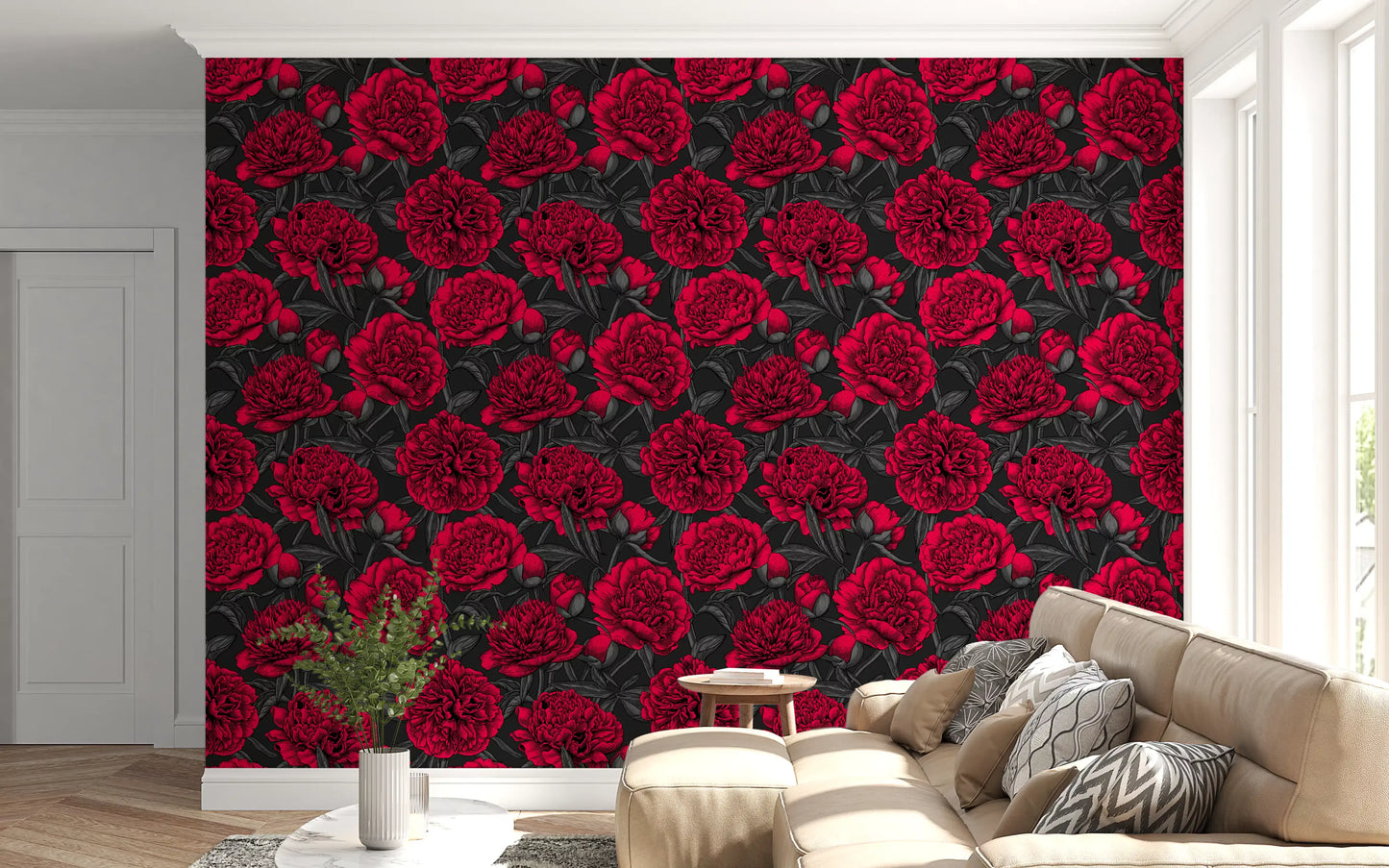 Vivid red flowers stand out over the near-black ground of this peony wallpaper.