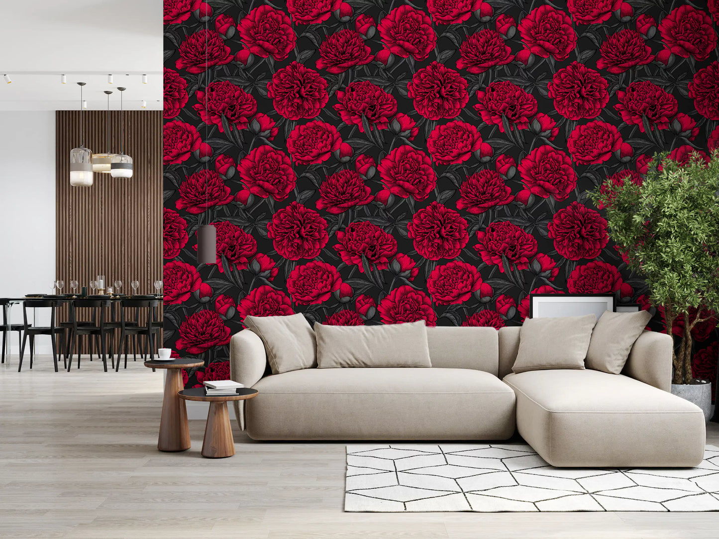 Crimson peonies bloom in full detail across this dark floral wallpaper.