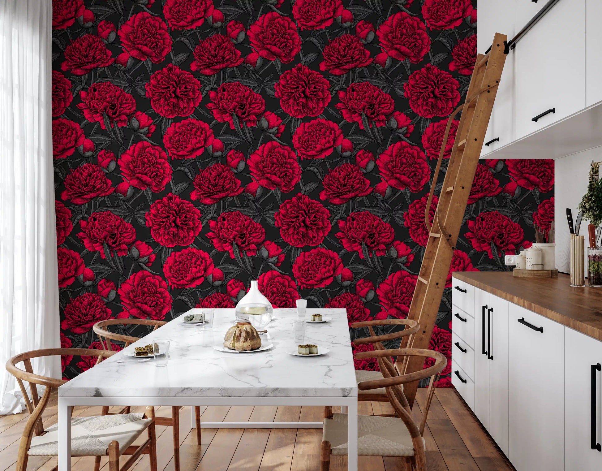 Rich colour fills this Kitchen-dining room where the Crimson Peony wallpaper sets the tone.