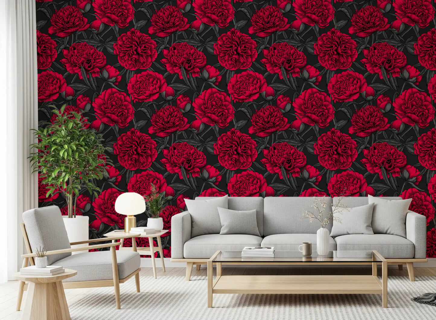 Midnight Crimson Peony wallpaper gives this living room a deep, dramatic focal point.