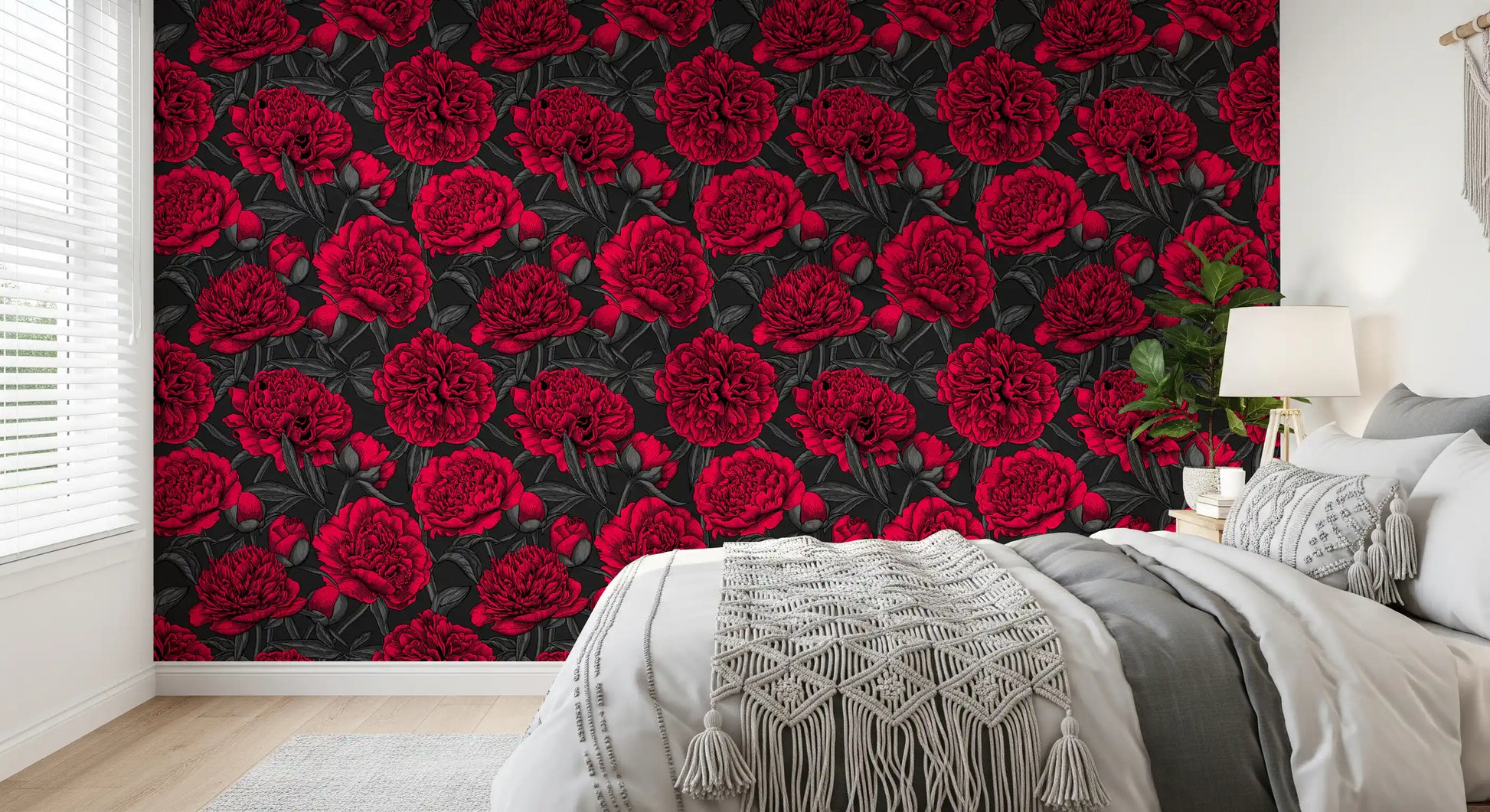 Floral peony wallpaper turns a relaxed Bedroom into a striking space.