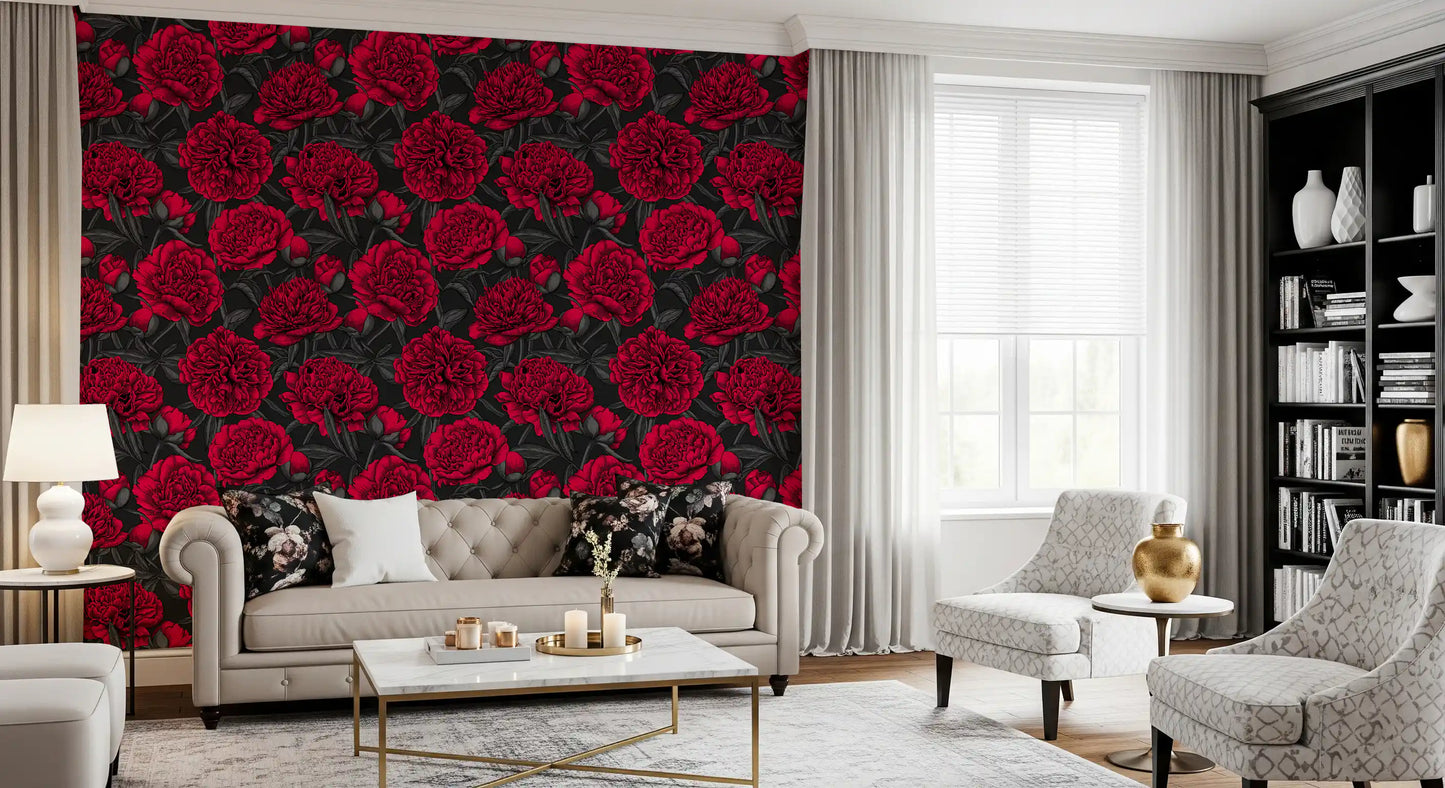 Grey foliage weaves between the blooms in the Midnight Crimson Peony wallpaper.