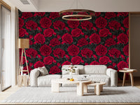 Deep reds spread through a living room finished with Midnight Peony wallpaper.