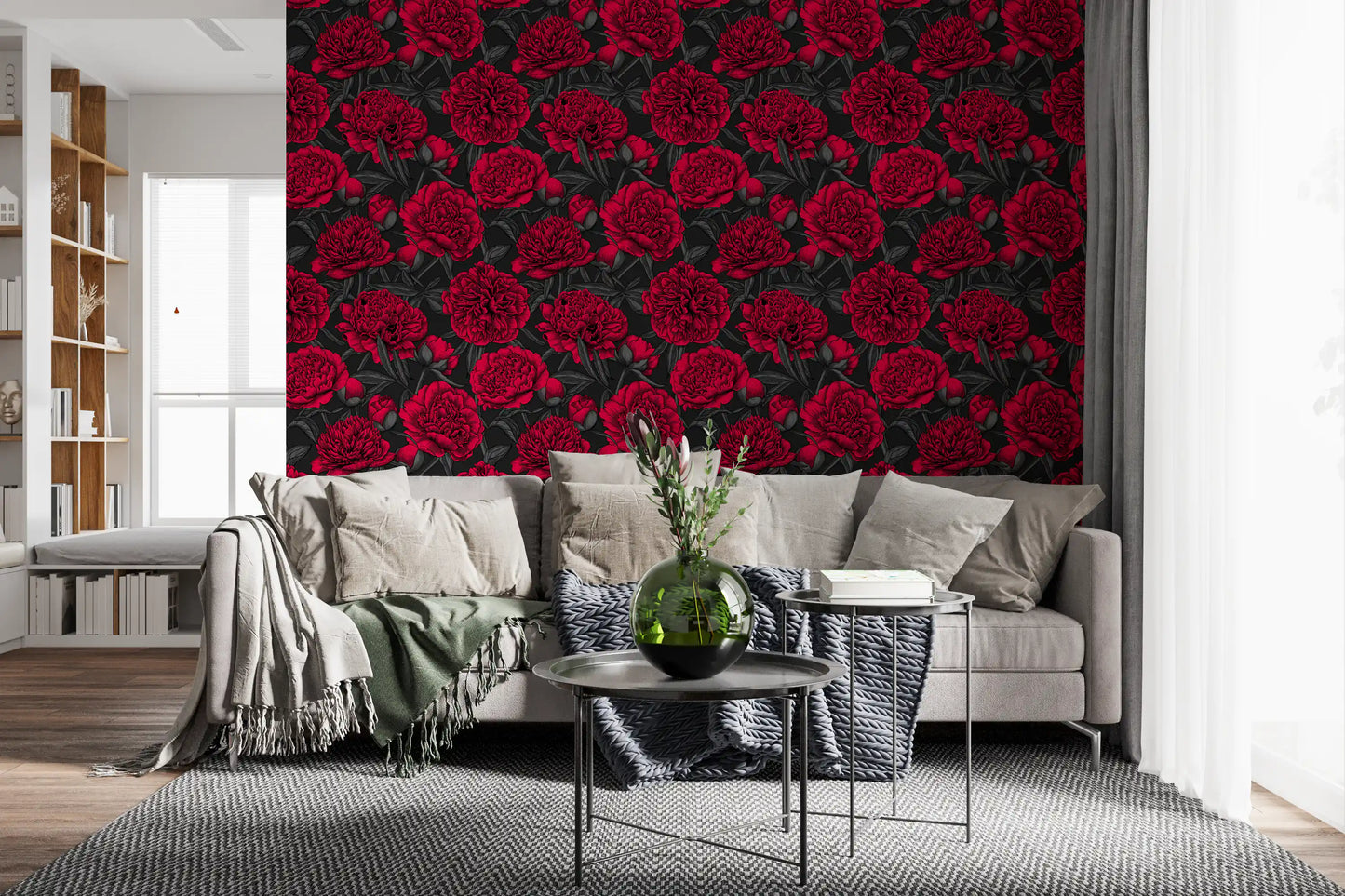 Full, ruffled petals give the red peony wallpaper a dramatic feel.