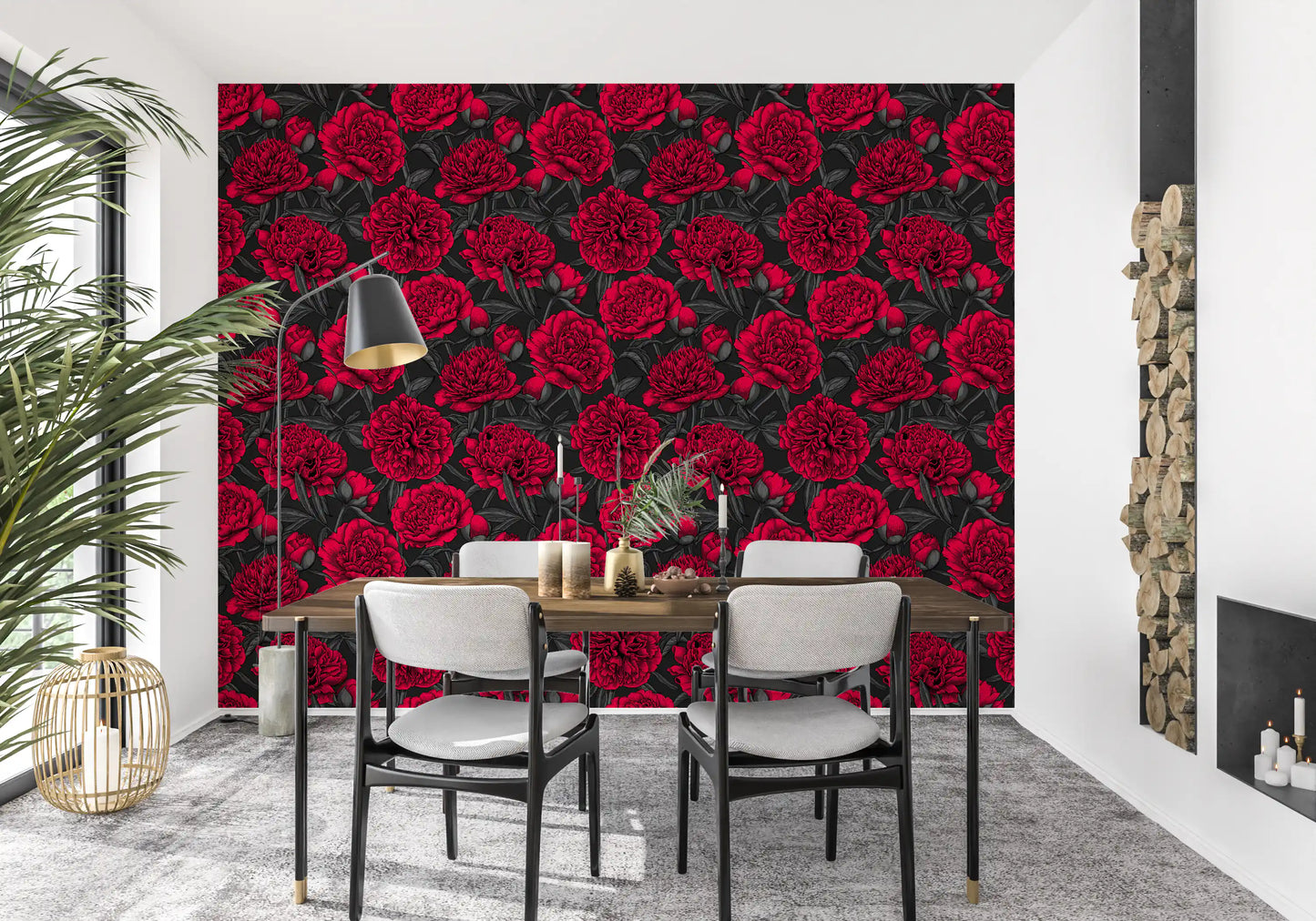 Quiet, moody tones fill this Dining area under the bold red peony wallpaper.