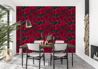 Quiet, moody tones fill this Dining area under the bold red peony wallpaper.