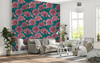 Romantic Teal Peony Botanical Wallpaper Wallpaper⁠
