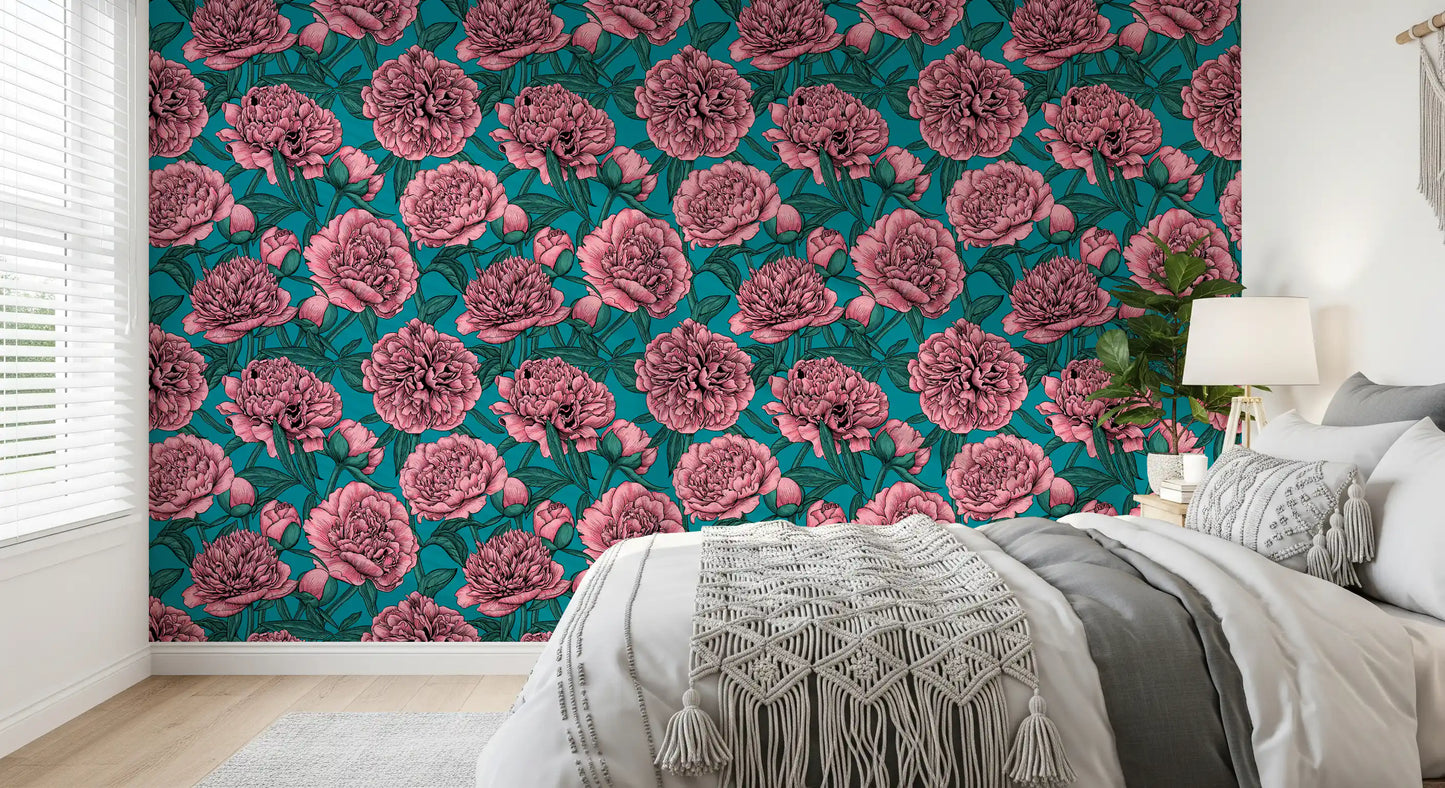 Romantic Teal Peony Botanical Wallpaper Wallpaper⁠