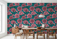 Romantic Teal Peony Botanical Wallpaper Wallpaper⁠