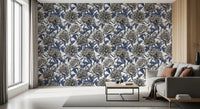 Vintage Blue and Cream Engraved Peonies Wallpaper Wallpaper⁠