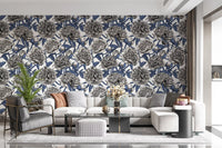 Vintage Blue and Cream Engraved Peonies Wallpaper Wallpaper⁠