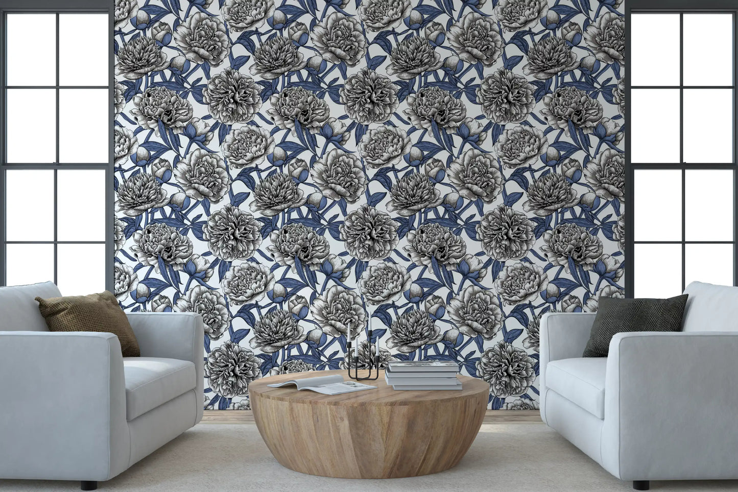 Vintage Blue and Cream Engraved Peonies Wallpaper Wallpaper⁠