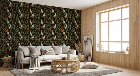 Midnight Forest Birds and Floral Scroll Wallpaper