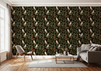 Midnight Forest Birds and Floral Scroll Wallpaper