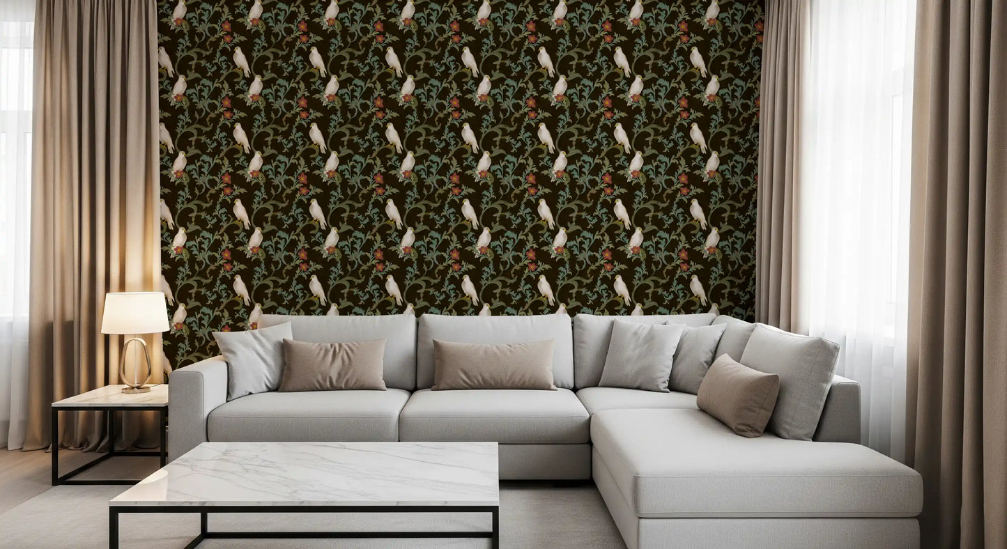 Midnight Forest Birds and Floral Scroll Wallpaper