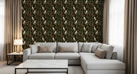 Midnight Forest Birds and Floral Scroll Wallpaper