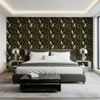 Midnight Forest Birds and Floral Scroll Wallpaper