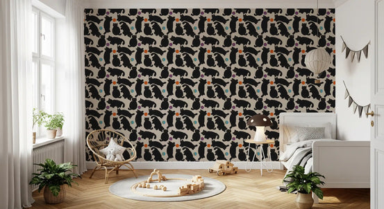Playful Black Cats and Yarn Balls Wallpaper