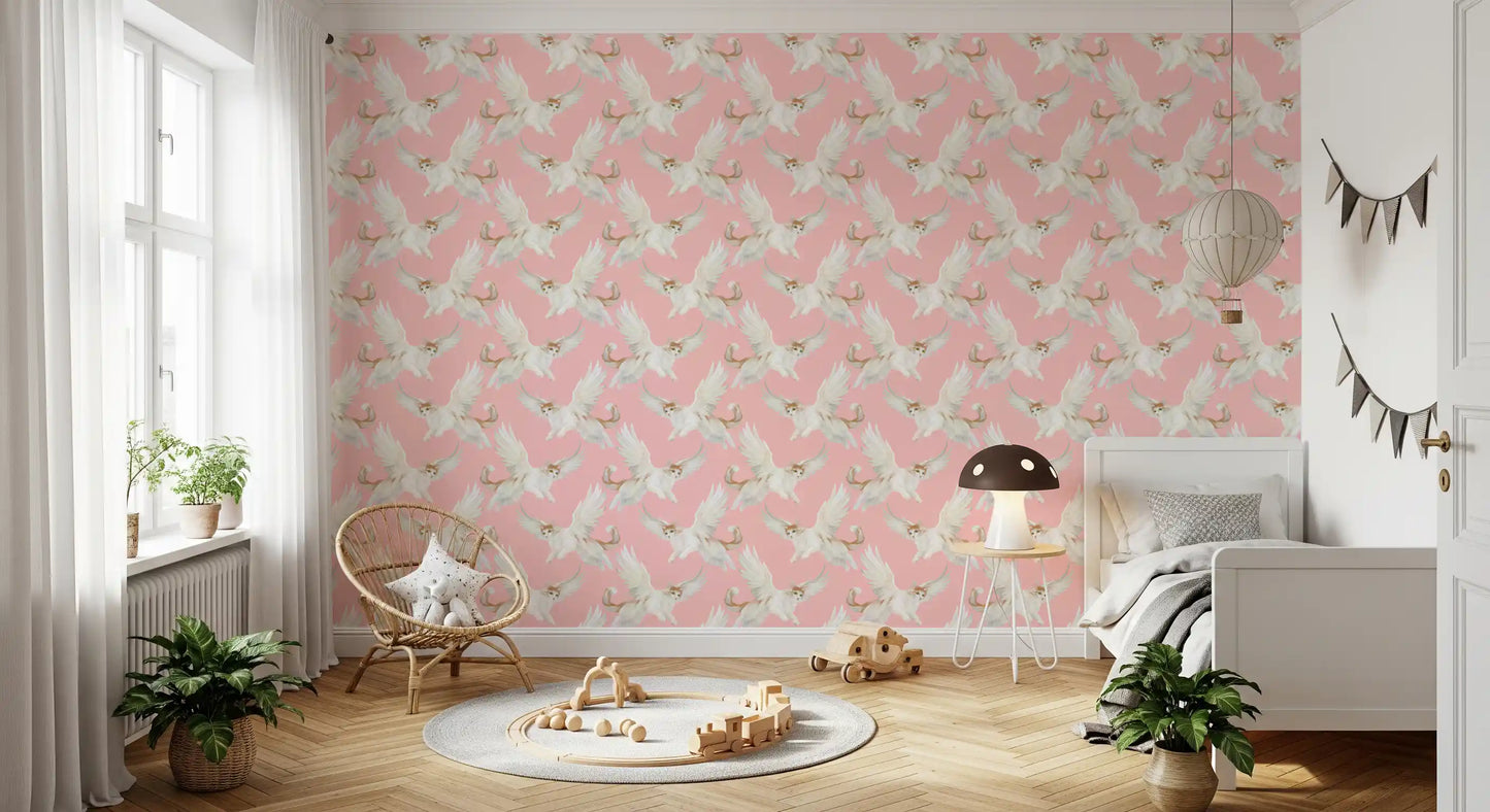 Celestial Flying Felines Pink Wallpaper