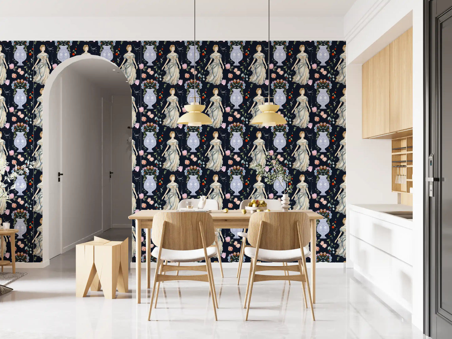 Vintage Elegance Renaissance Gown Floral Wallpaper