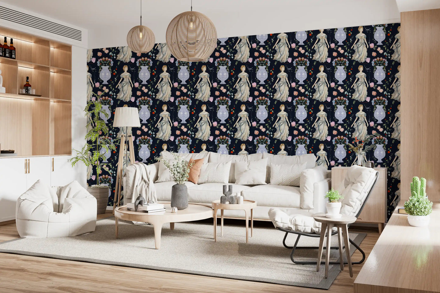 Vintage Elegance Renaissance Gown Floral Wallpaper