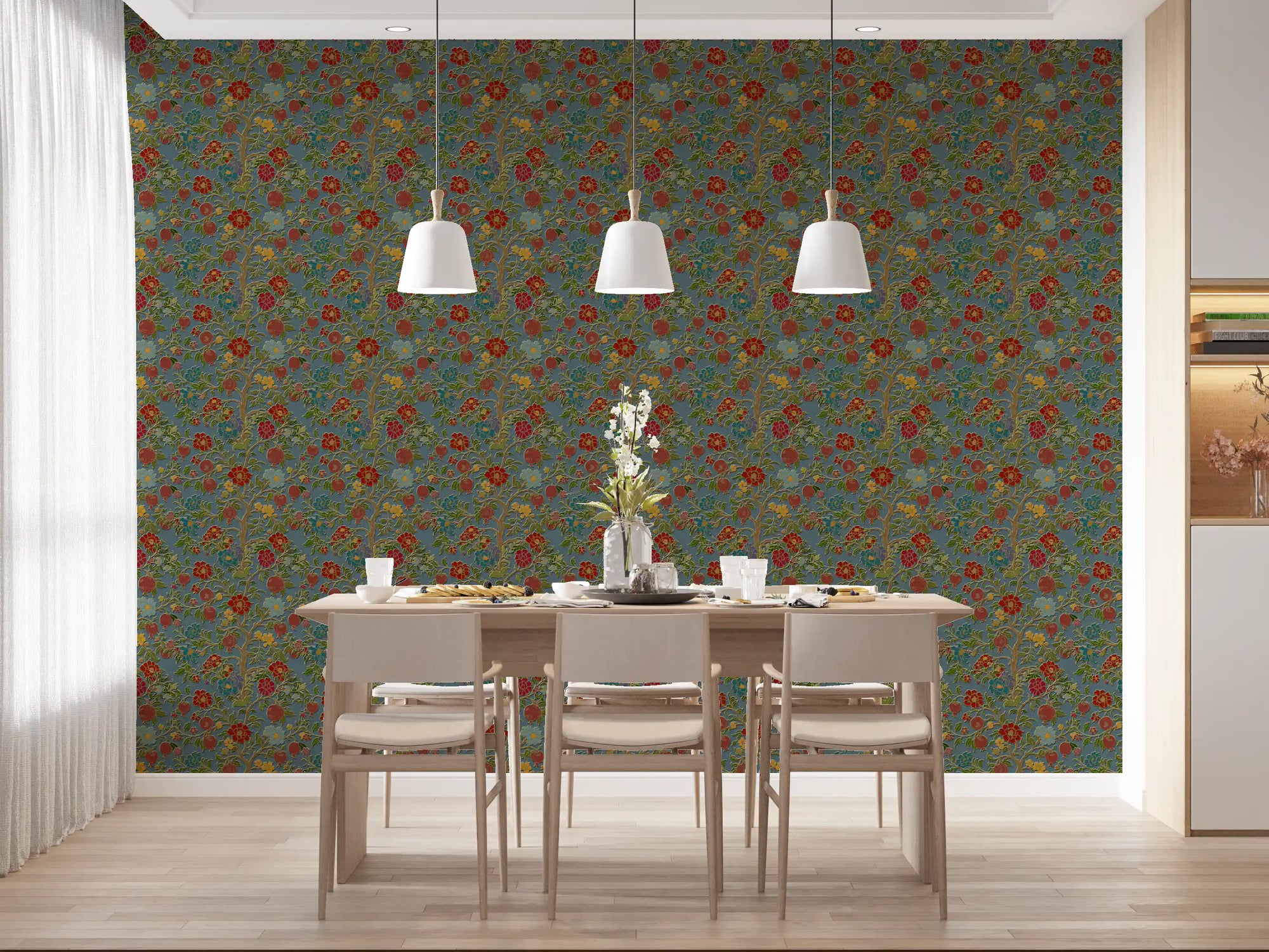 Classic Botanical Pomegranate Teal Wallpaper