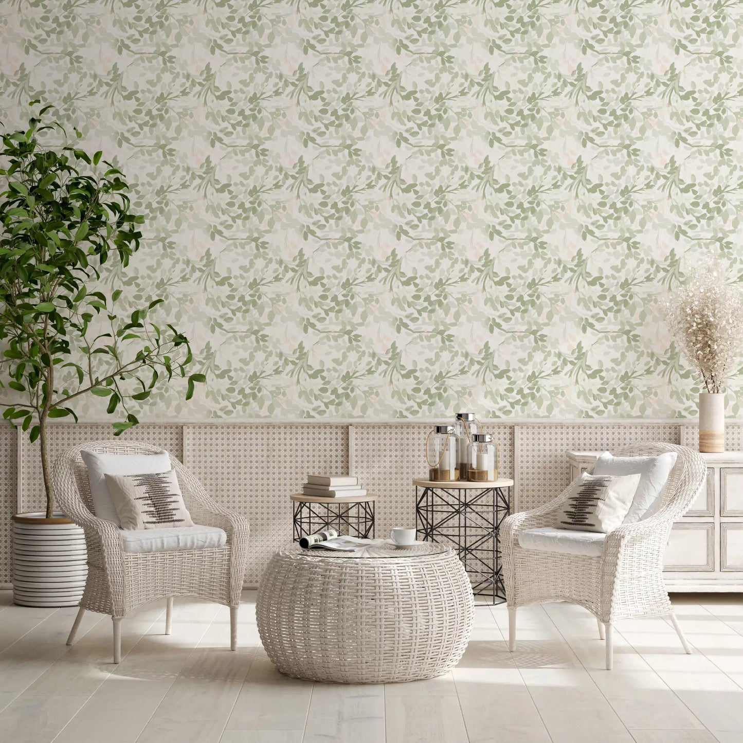 Whispering Sage Leaves & Blush Berries Wallpaper⁠