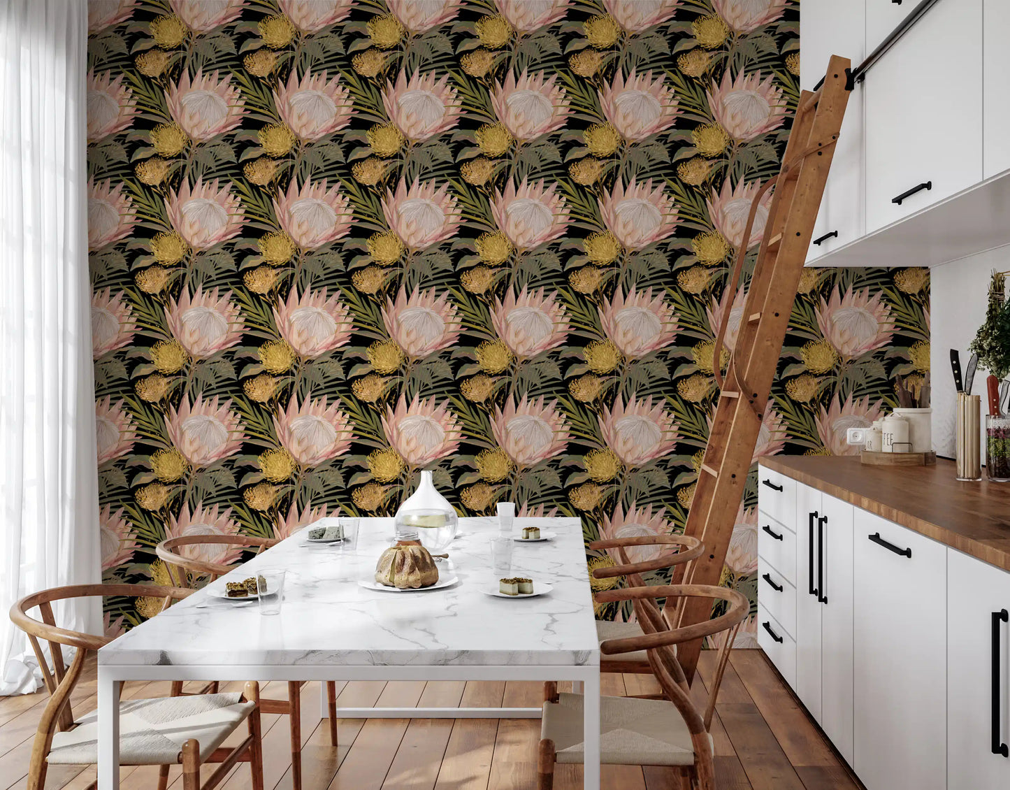 Midnight Protea and Golden Palm Wallpaper