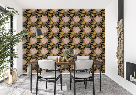 Midnight Protea and Golden Palm Wallpaper