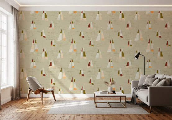 Sand Beige Mid Century Sailboats Wallpaper