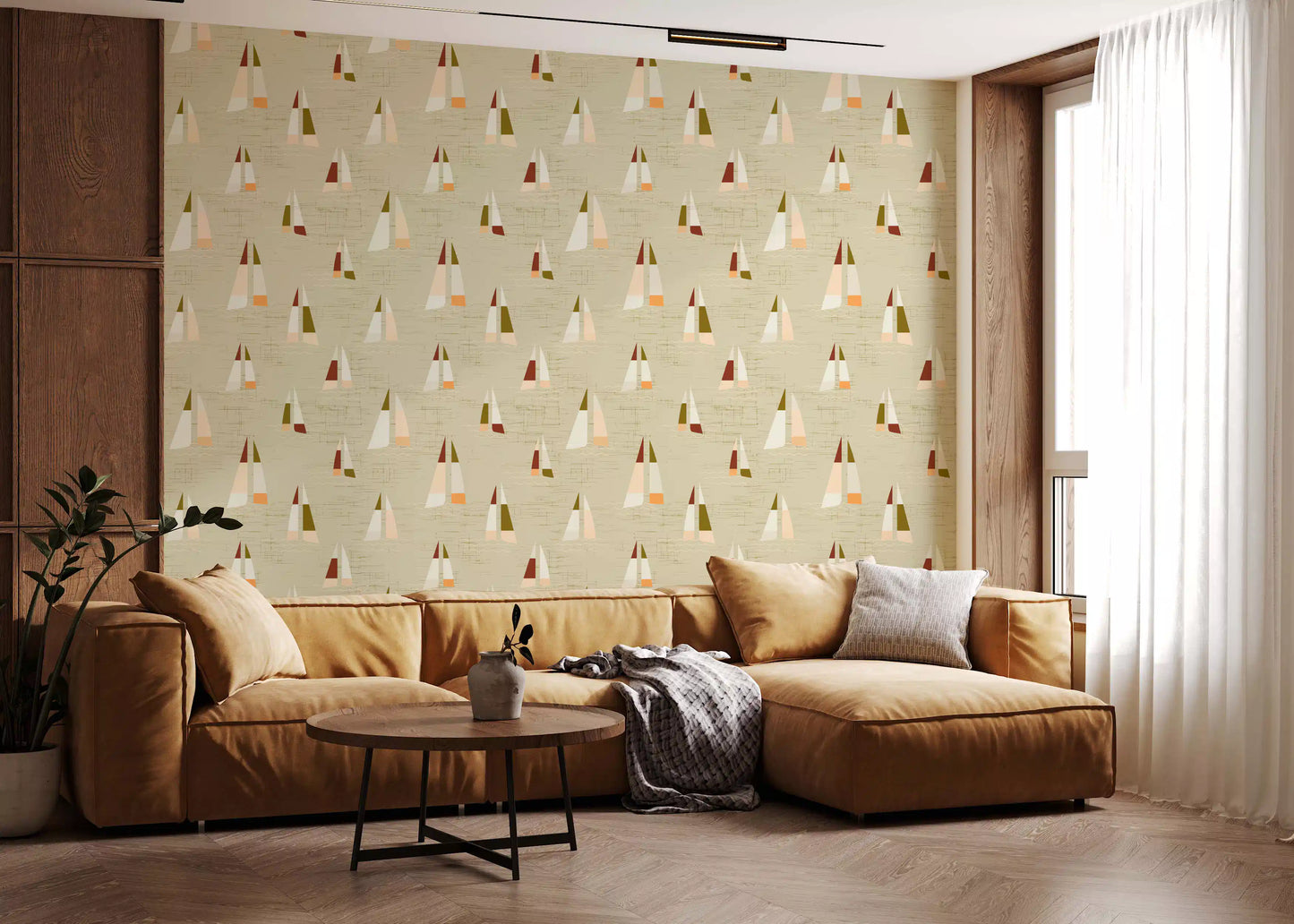 Sand Beige Mid Century Sailboats Wallpaper Wallpaper⁠