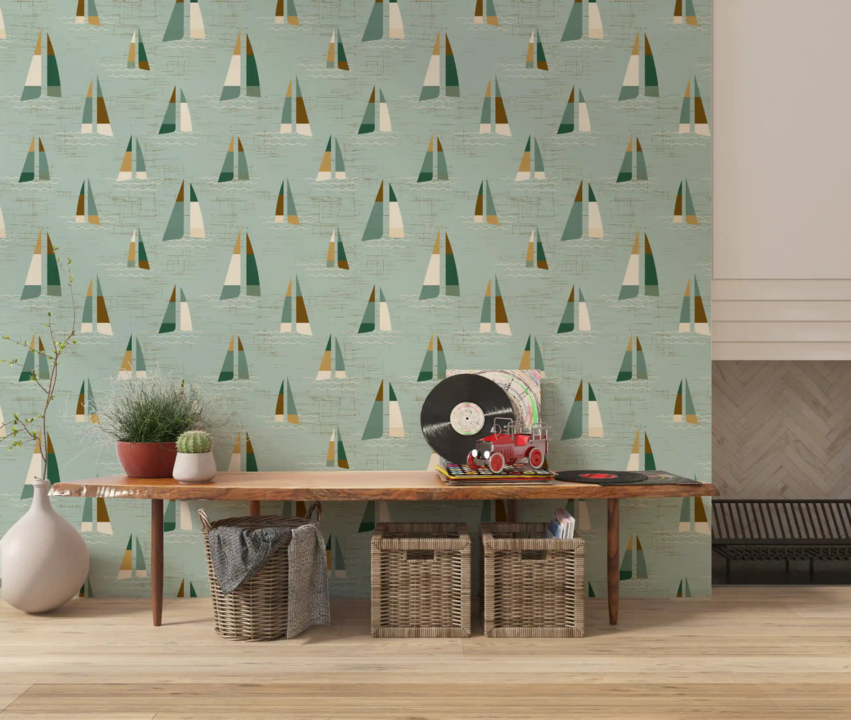 Seafoam Green Mid Century Sailboats Wallpaper