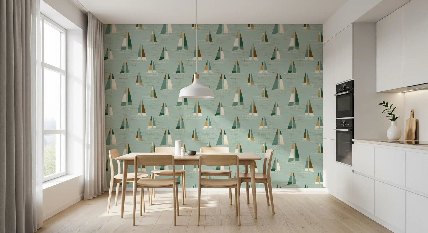 Seafoam Green Mid Century Sailboats Wallpaper Wallpaper⁠