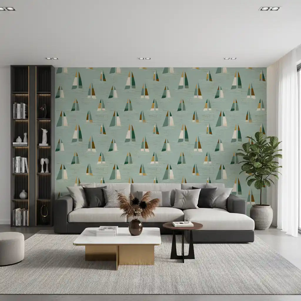 Seafoam Green Mid Century Sailboats Wallpaper Wallpaper⁠