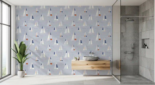 Coastal Blue Mid Century Sailboats Wallpaper Wallpaper⁠