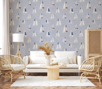 Coastal Blue Mid Century Sailboats Wallpaper Wallpaper⁠