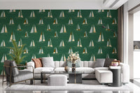 Emerald Green Mid Century Sailboats Wallpaper Wallpaper⁠