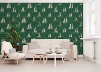 Emerald Green Mid Century Sailboats Wallpaper Wallpaper⁠