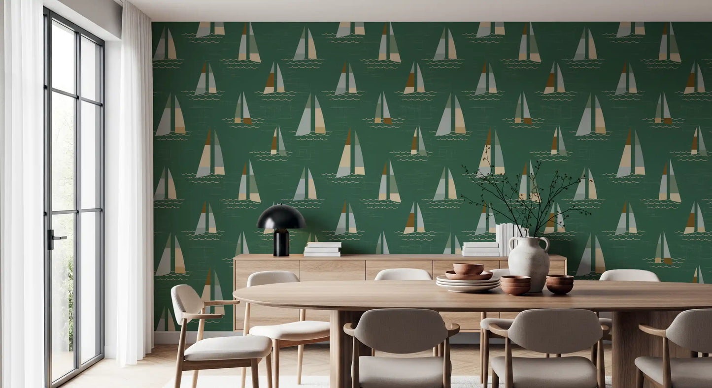 Emerald Green Mid Century Sailboats Wallpaper Wallpaper⁠