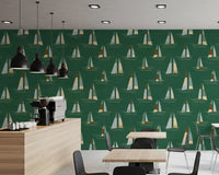 Emerald Green Mid Century Sailboats Wallpaper Wallpaper⁠