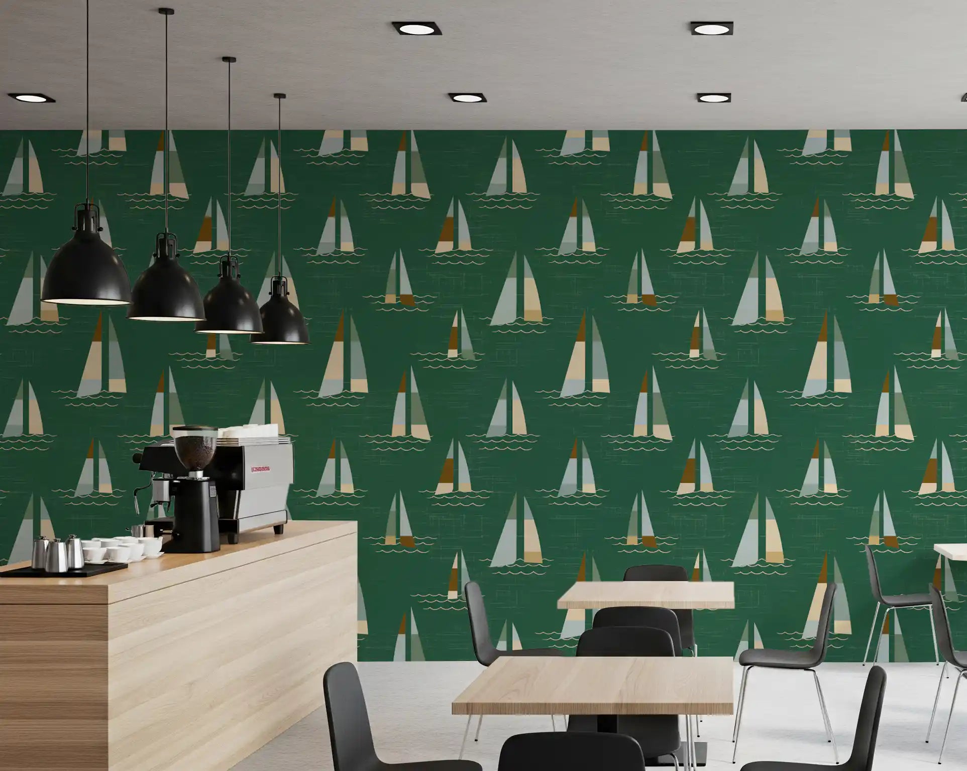Daylight Cafe  area dressed in Emerald Green Sailboats wallpaper backdrop.