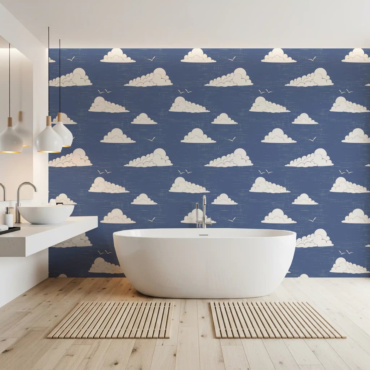 Dusty Blue Mid Century Cloud Sky  Wallpaper⁠