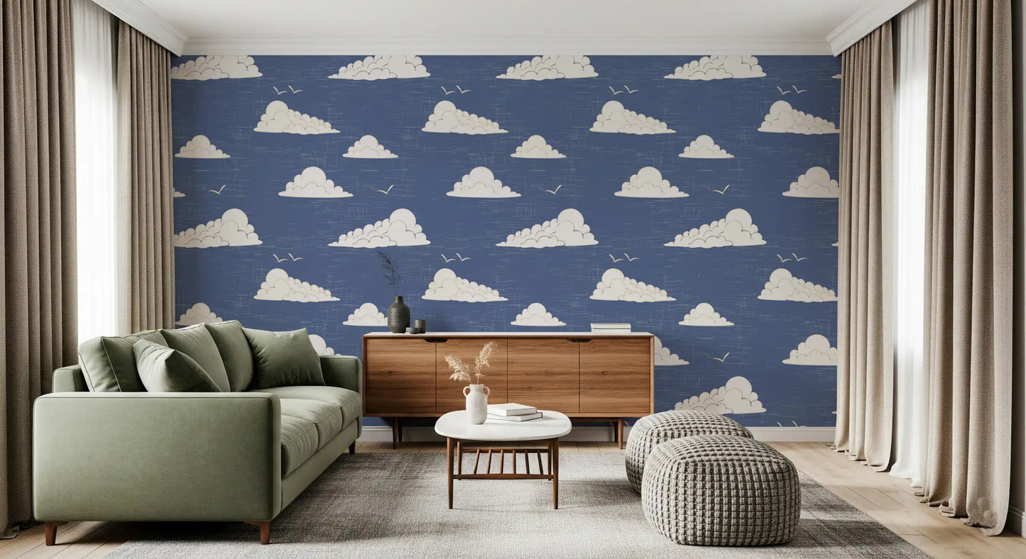 Dusty Blue Mid Century Cloud Sky  Wallpaper⁠
