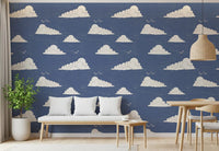 Dusty Blue Mid Century Cloud Sky  Wallpaper⁠