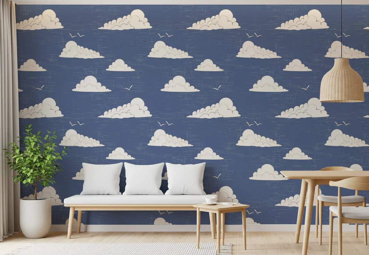 Dusty Blue Mid Century Cloud Sky wallpaper styled into a fresh Dining room scene